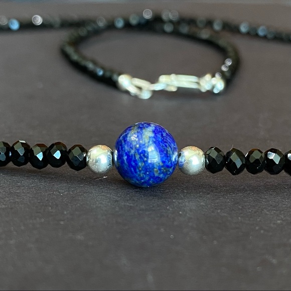 Mens Lapis Lazuli & Black Spinel Beaded Beaded Necklace in sterling Silver